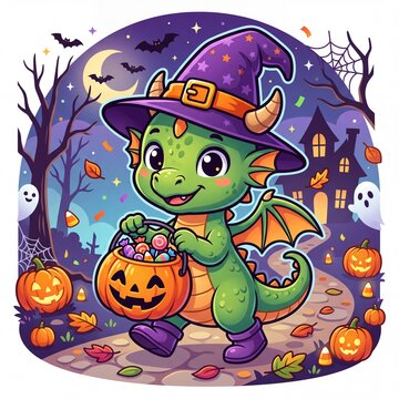 Cute baby dragon in witch hat trick or treating with pumpkin candy bucket at night, vector illustration