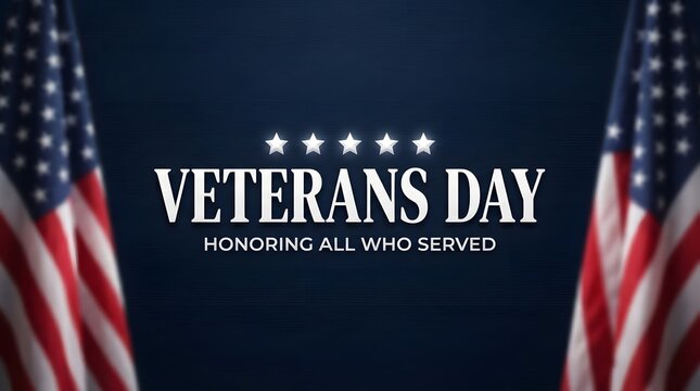 Veterans day background with american flags and text honoring all who served on a dark blue backdrop
