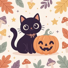 Fototapeta premium Cute black cat sitting with smiling halloween pumpkin, autumn leaves, and mushrooms, vector illustration