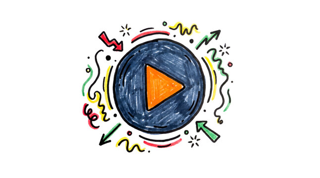 A hand drawn colorful play button icon surrounded by abstract doodles and decorative elements.