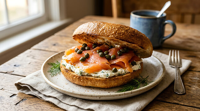Savory Bagel With Smoked Salmon Cream Cheese Dill and Capers on a Plate with Coffee