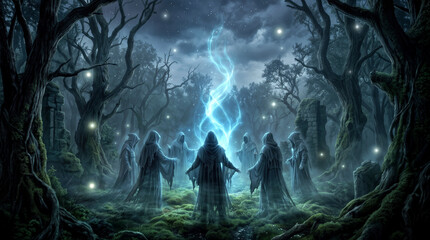Naklejka premium Cloaked figures performing ritual in dark forest. Ethereal blue energy rising from center of circle in mystical woodland setting.