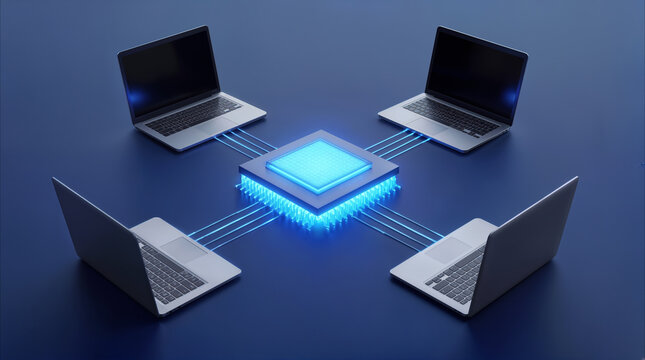 Networked laptops connected to central glowing microchip. High-speed data processing and cloud computing infrastructure.