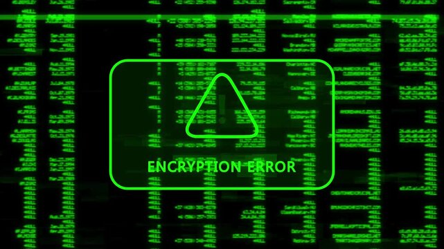 A warning message written 'ENCRYPTION ERROR' on the background of a computer screen interface, scrolling lines of green code data, cybersecurity risk and system warning animation.