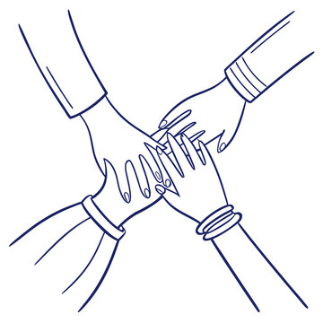 Unity and teamwork concept showing four hands stacked together with teamwork collaboration cooperation together community