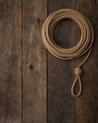 Fototapeta premium Vertical top down shot of neat coil of natural jute hemp rope with a tied loop placed on aged rustic wooden planks with copy space for text.