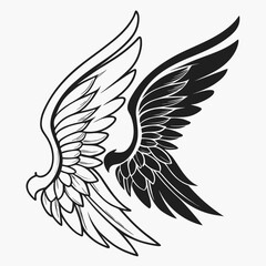 Obraz premium Angelic eagle bird wings spread black and white line art illustration with feathers illustration abstract majestic stylized