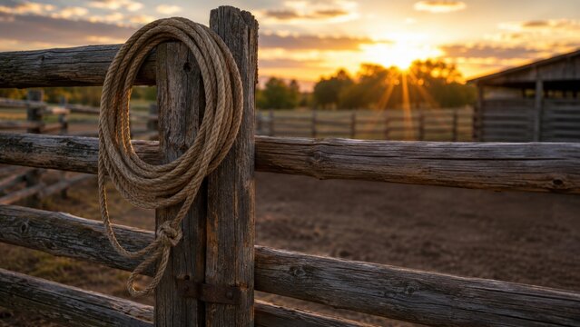 Natural jute lasso rope hanging on an old wooden fence post at a horse farm with bright sunset lens flare, countryside paddock, and rustic western background.