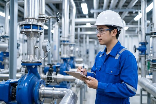 Engineer in blue uniform and helmet checks pressure gauge on industrial pump in plant, writing notes on clipboard during inspection.