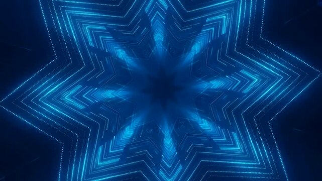 Glowing Blue Star Tunnel Op Art Kaleidoscopic Geometric Projection Abstract Visual Background