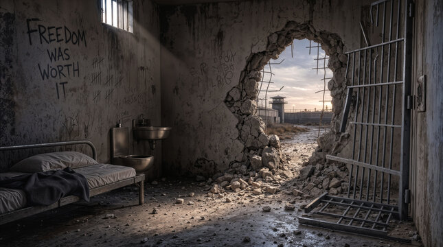 Broken prison wall revealing path to freedom. Abandoned jail cell with hole in concrete leading to outside world.