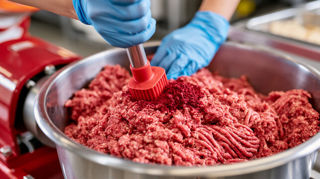 Commercial vegan sausage factory mixing soy protein mince with beetroot powder and natural spices in a hygienic industrial cutter, ultra photorealism, cinematic color correction, natural uneven ligh