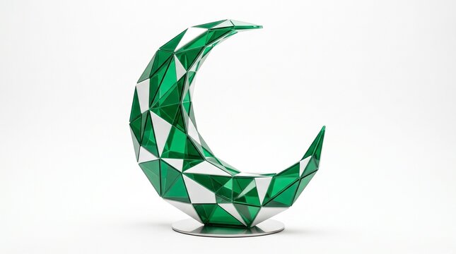Geometric green crescent moon sculpture, a modern faceted abstract art piece. Shiny metallic emerald and silver polygonal moon, a unique decorative object for contemporary design projects.