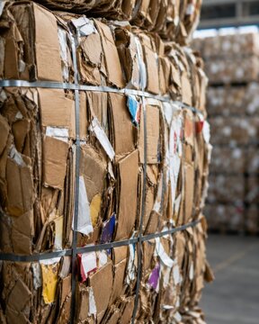 Vertical close-up shot of a compressed cardboard bale tightly bound with steel straps inside an industrial paper recycling plant warehouse.