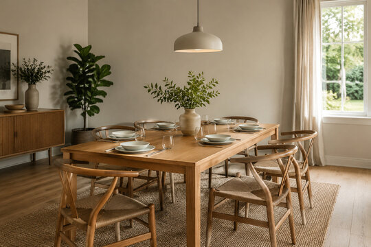Contemporary Dining Room for Six with Natural Wood Table