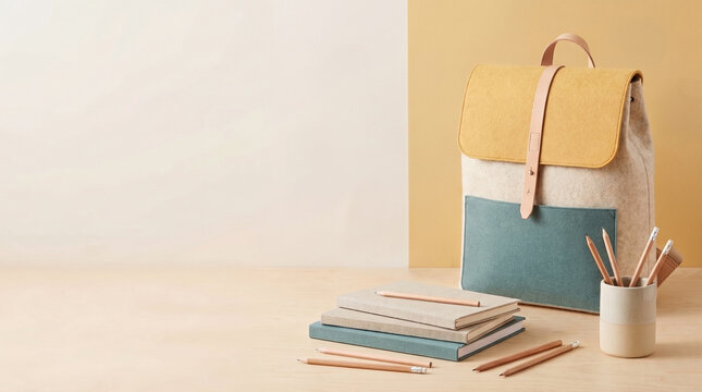 scandinavian school backpack notebooks and pencils on wooden background