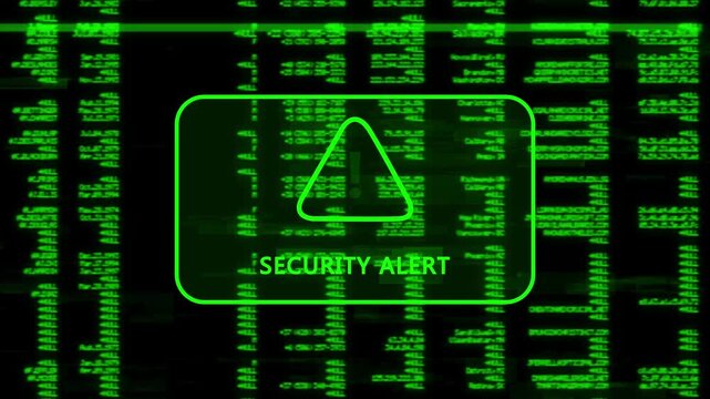 A warning message written 'SECURITY ALERT' on the background of a computer screen interface, scrolling lines of green code data, cybersecurity risk and system warning animation.