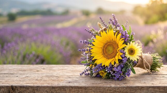 Burlap wrapped bouquet of yellow sunflowers and fragrant purple lavender on a weathered wooden table, representing summer serenity and rustic botanical elegance for home decor.
