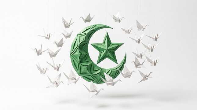 Green Crescent Moon and Star, Islamic symbol of peace and hope, surrounded by white origami paper cranes, a spiritual representation of unity and faith