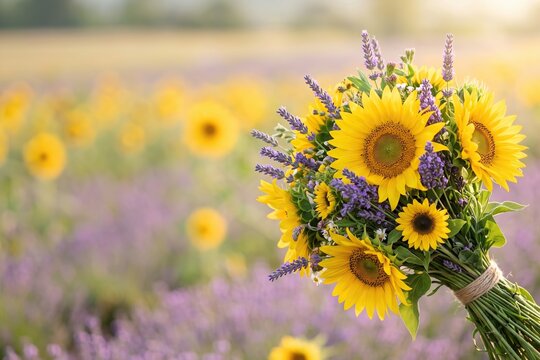 Bountiful bouquet of yellow sunflowers and purple lavender flowers held in a sunlit meadow, capturing rustic summer charm for floral lifestyle and wellness branding.
