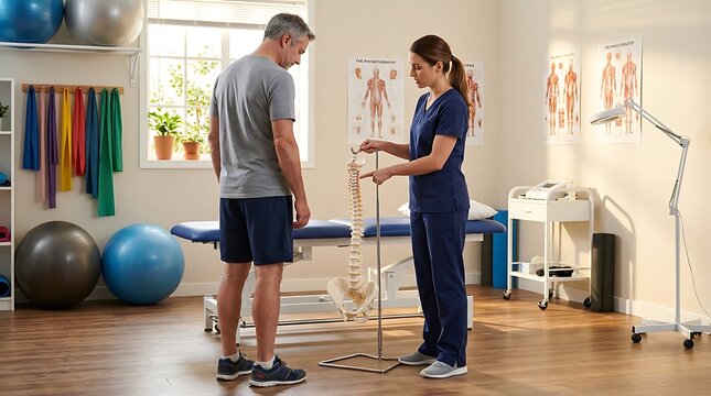 Physical therapist shows patient spine model explaining back health and posture in rehabilitation clinic with equipment.