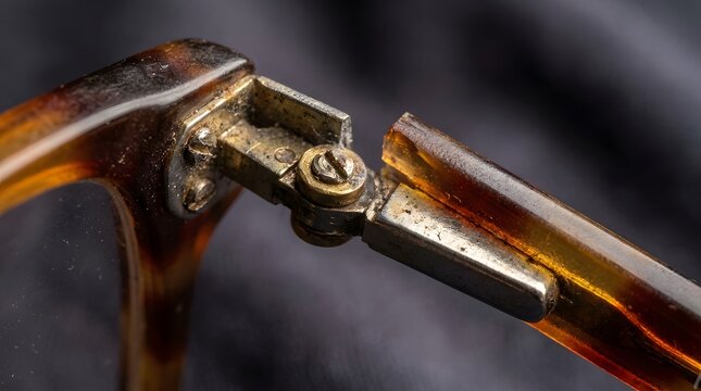 Close-up of a broken and dusty hinge on old vintage eyeglasses, showing intricate metalwork and aged tortoise-shell frame.