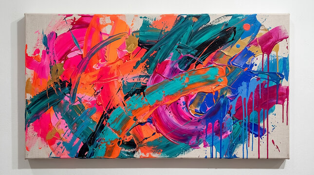 Vibrant abstract expressionist painting with bold neon colors and dynamic textured brushstrokes on a gallery wall