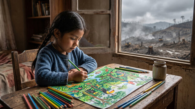 Child drawing a vibrant Amazon rainforest with colored pencils while outside the window a hazy deforested landscape is visible, symbolic contrast between hope and environmental destruction