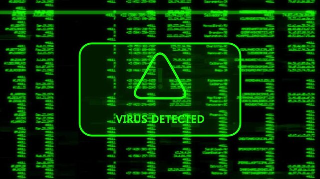 A warning message written 'VIRUS DETECTED' on the background of a computer screen interface, scrolling lines of green code data, cybersecurity risk and system warning animation.