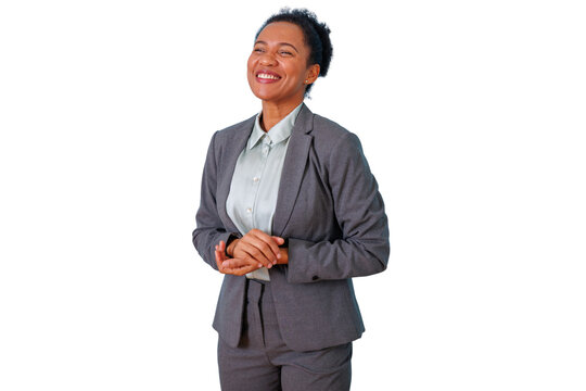 Black businesswoman smiling, feeling confident and successful in a corporate setting, standing with arms folded, isolated on transparent background