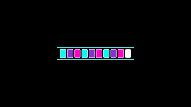 Progress bar loading animation with colorful blocks, digital interface element, background.