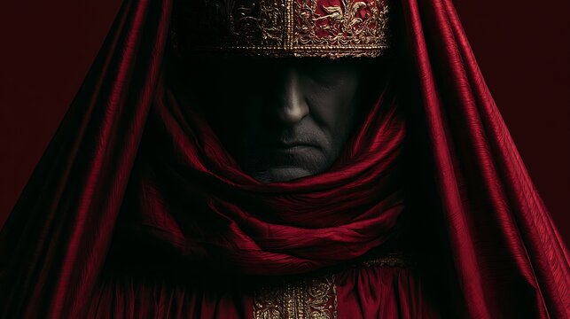 Prompt: A solemn portrait of a religious figure in deep crimson Renaissance robes. His face is partially obscured by a veil woven from absolute dark dark matter that absorbs all light around 