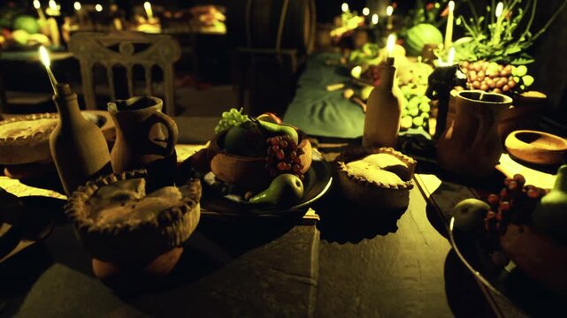 Dimly lit dessert plates on table with pies and pastries, warm golden highlights on crusts and fruit toppings, close composition capturing ceramic bowls, crumbs