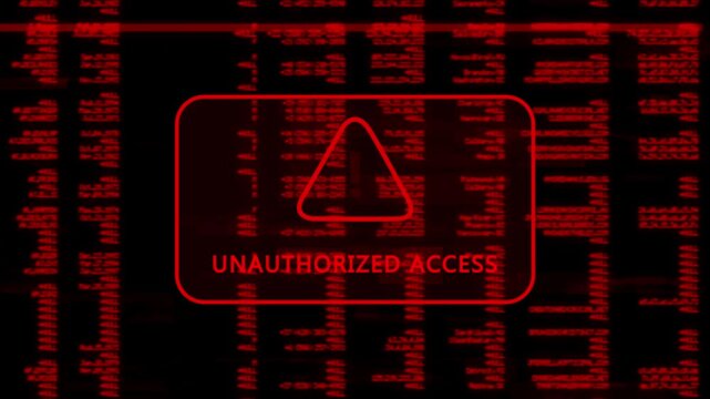 A warning message with 'UNAUTHORIZED AC' written in red on the background of a computer screen interface, along with a scrolling line of red code data, cybersecurity risk and system warning animation.