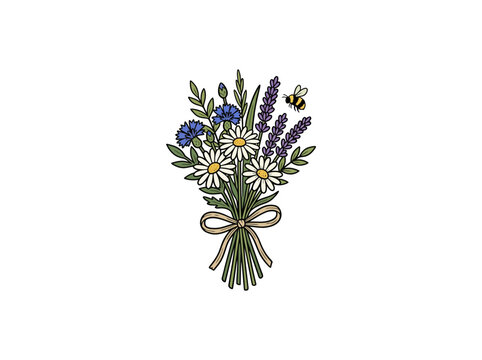 Hand Tied Wildflower Bouquet With Daisies Lavender Andecornflowers Secured With Raffia Featuring A Bee In Flight Detailed In A Style Vector Illustration