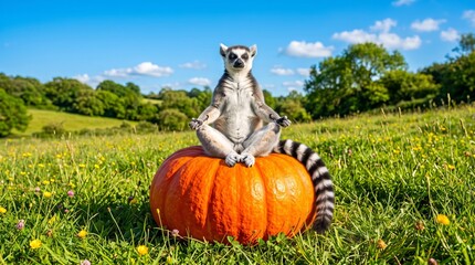 Fototapeta premium Ring Tailed Lemur Meditating In Lotus Pose On Giant Autumn Pumpkin