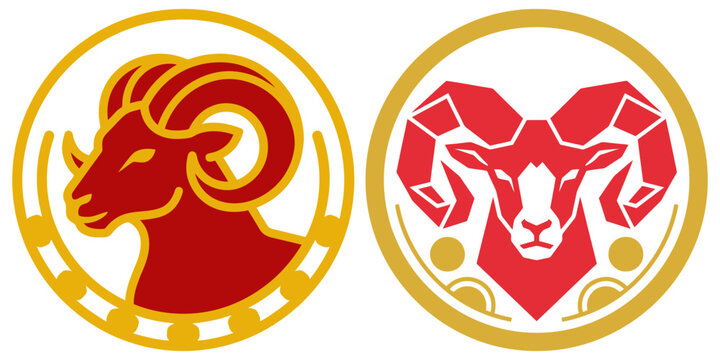 Aries zodiac sign vector icons, red and gold ram head logos in circular frames, astrological sheep symbols for horoscope branding