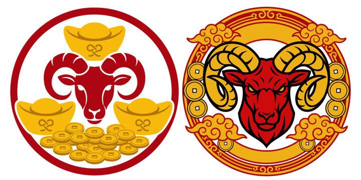 Chinese New Year ram zodiac emblems, red and gold sheep head illustrations, lunar year of the goat vector set with sycee and coins