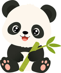 Cute Happy Baby Panda Bear Character Sitting and Holding a Fresh Green Bamboo Stalk Vector Illustration © ren