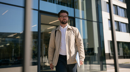 Fototapeta premium Travel Healthcare: Traveler with Document Folder Walking to Modern International Clinic Entrance