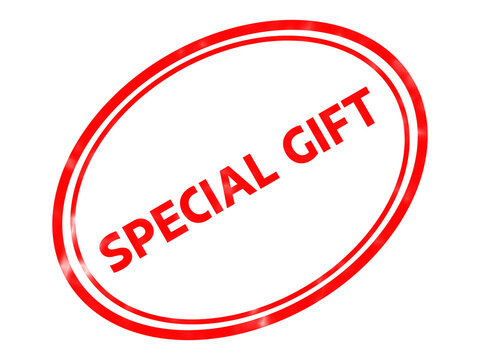Red special gift rubber stamp icon, oval promotional seal on white background, glossy discount label for retail marketing