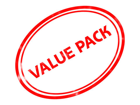 Value pack red stamp icon, promotional rubber seal for retail marketing, red oval discount label on white background