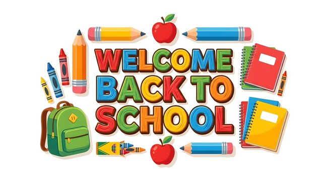 Welcome back to school banner with school supplies and globe illustrations