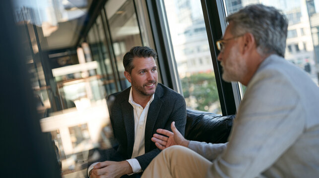 Financial Consultant Explaining Investment Options to Client Behind Office Glass Fa&ccedil;ade