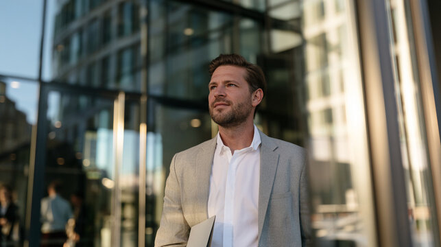Job Candidate Waiting for Interview Outside Corporate Office Tower Seen Through Glass Fa&ccedil;ade
