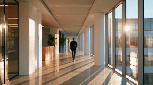 Bright Office Corridor Leading Toward Sunlit Windows with Blurred Professional Walking in Distance