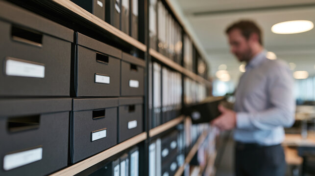 Archival Storage Boxes on Modern Office Shelf with Blurred Professional Selecting Document Box