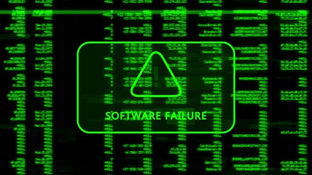 A warning message written 'SOFTWARE FAILUR' on the background of a computer screen interface, scrolling lines of green code data, cybersecurity risk and system warning animation.