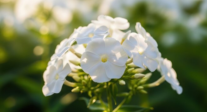 Beautiful white phlox flowers blooming in a sunny summer garden illustration