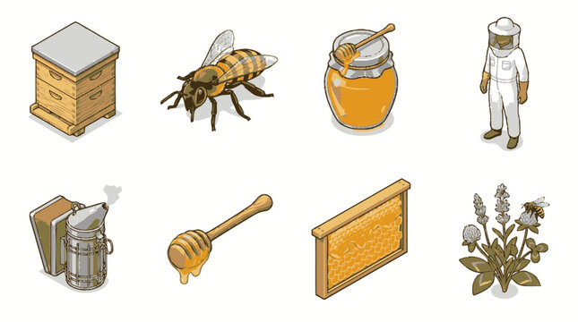 Collection of isometric icons related to beekeeping, honey production, and bees.